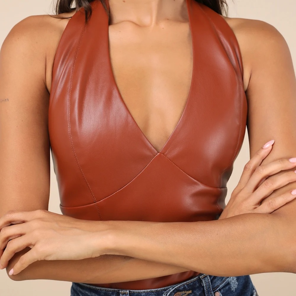 Lulus Sleek Outing Light Brown Vegan Leather Seamed Halter Top